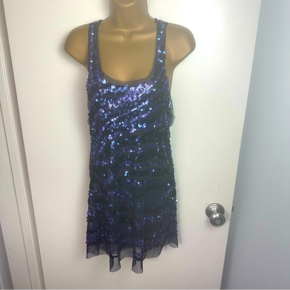 Wet Seal Navy Blue Sparkly Sequin Y2K Vintage Semi-Sheer Sexy Party Dress Size L